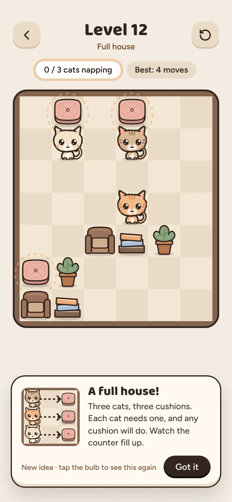 A Cat Nap level: three cats, three pink cushions and cozy furniture on a checkered floor