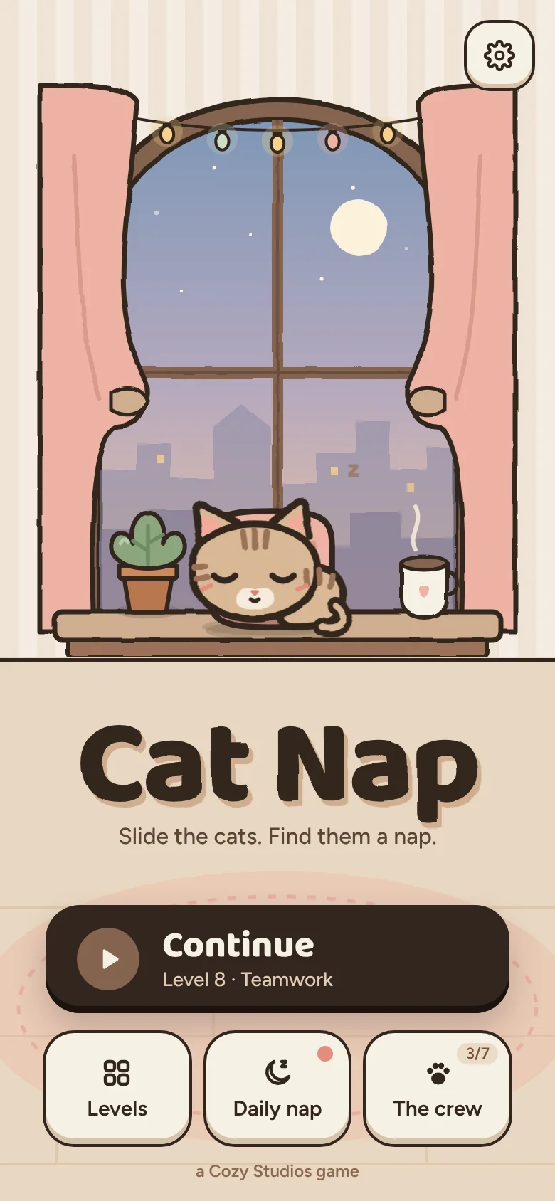 Cat Nap title screen: Latte asleep on a windowsill under fairy lights, with a Continue button